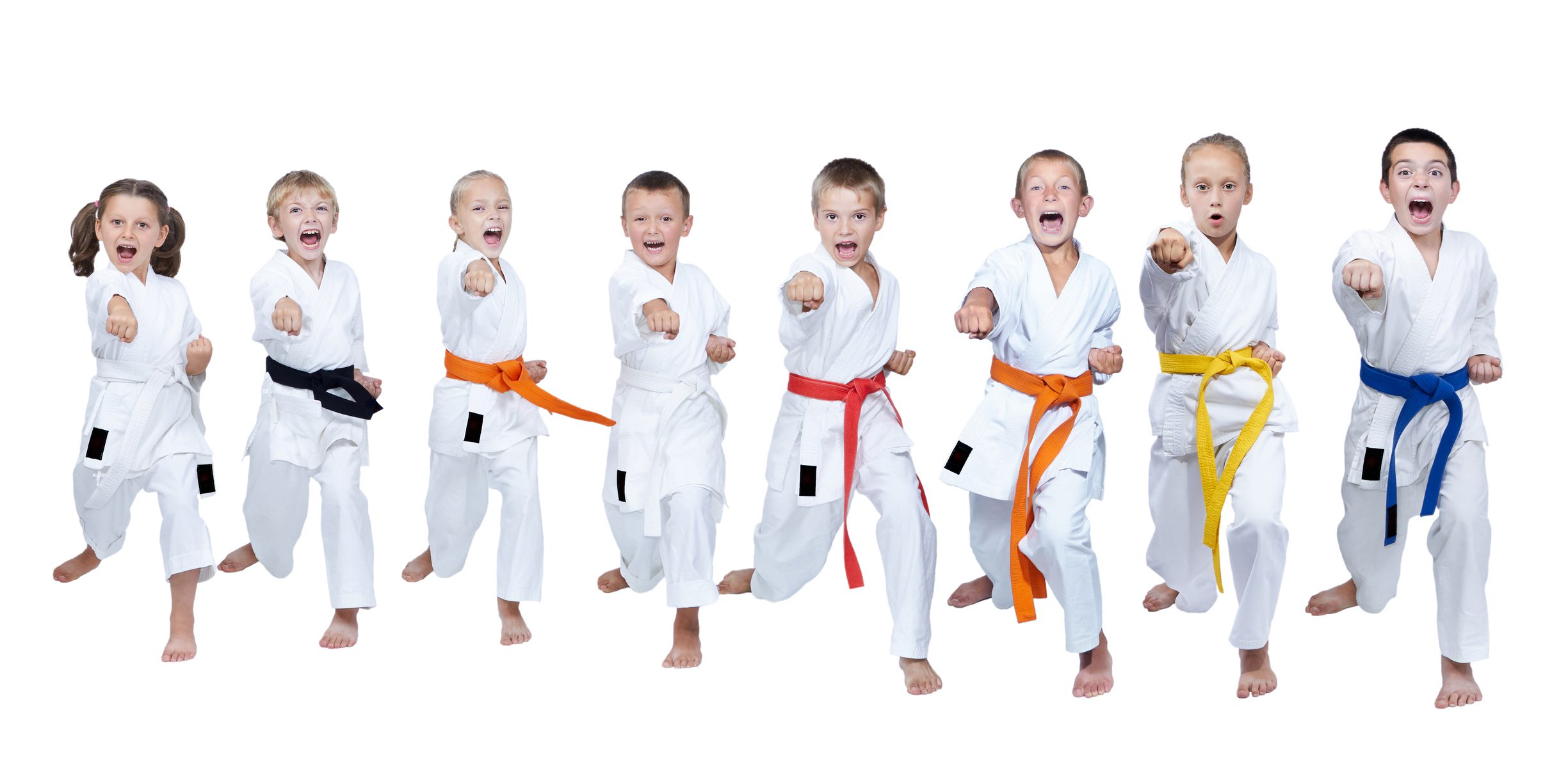 Kids in karate uniforms punching