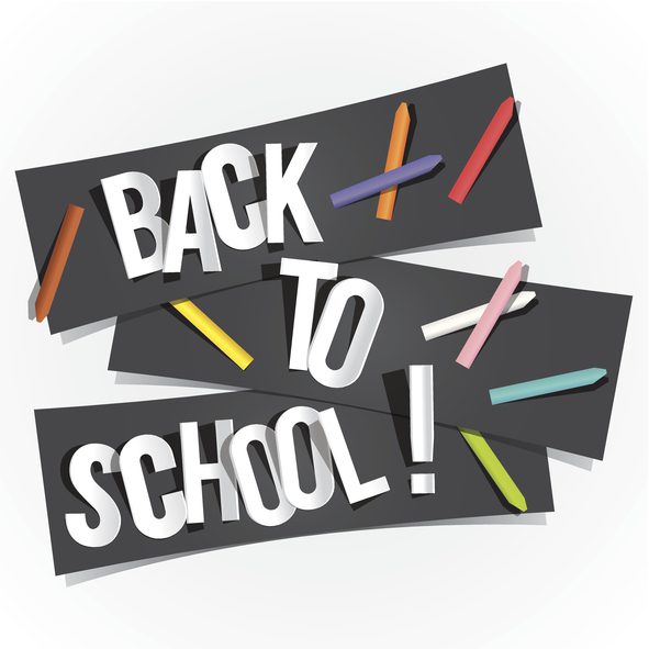 A black banner saying back to school with white background