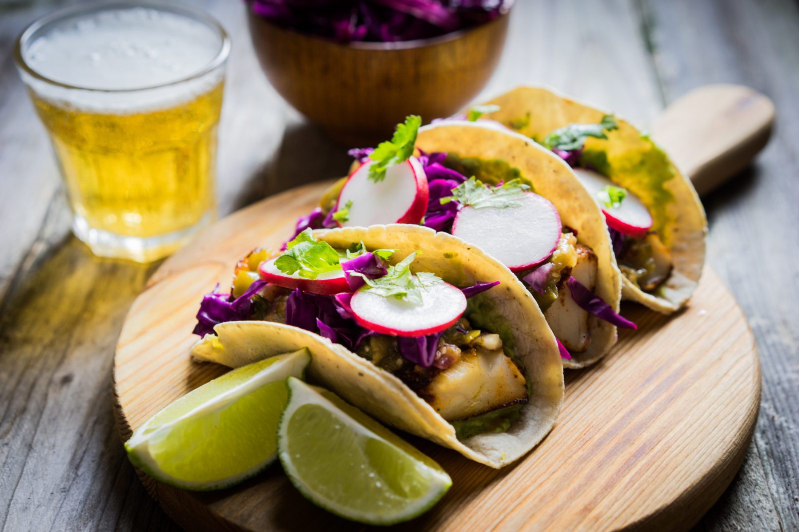 Tacos on wooden board