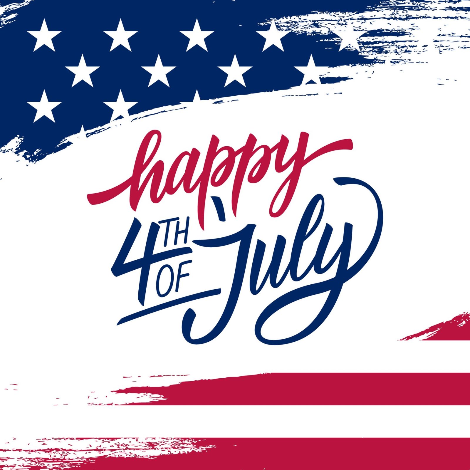 Happy Independence Day greeting card with brush stroke background in United States national flag colors and hand lettering text Happy 4th of July. Vector illustration.