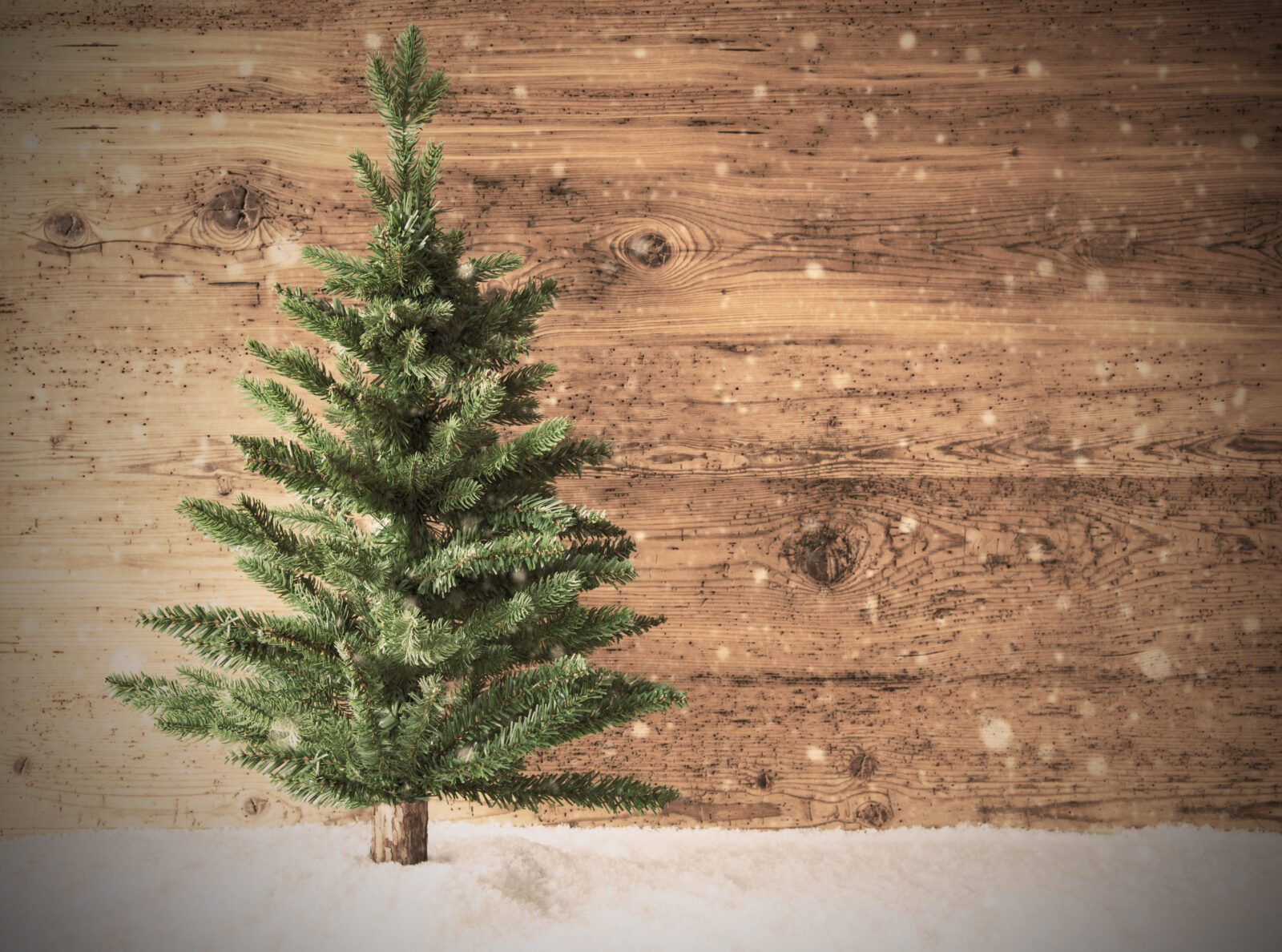 Retro Christmas Tree, Snow, Copy Space, Wooden Background