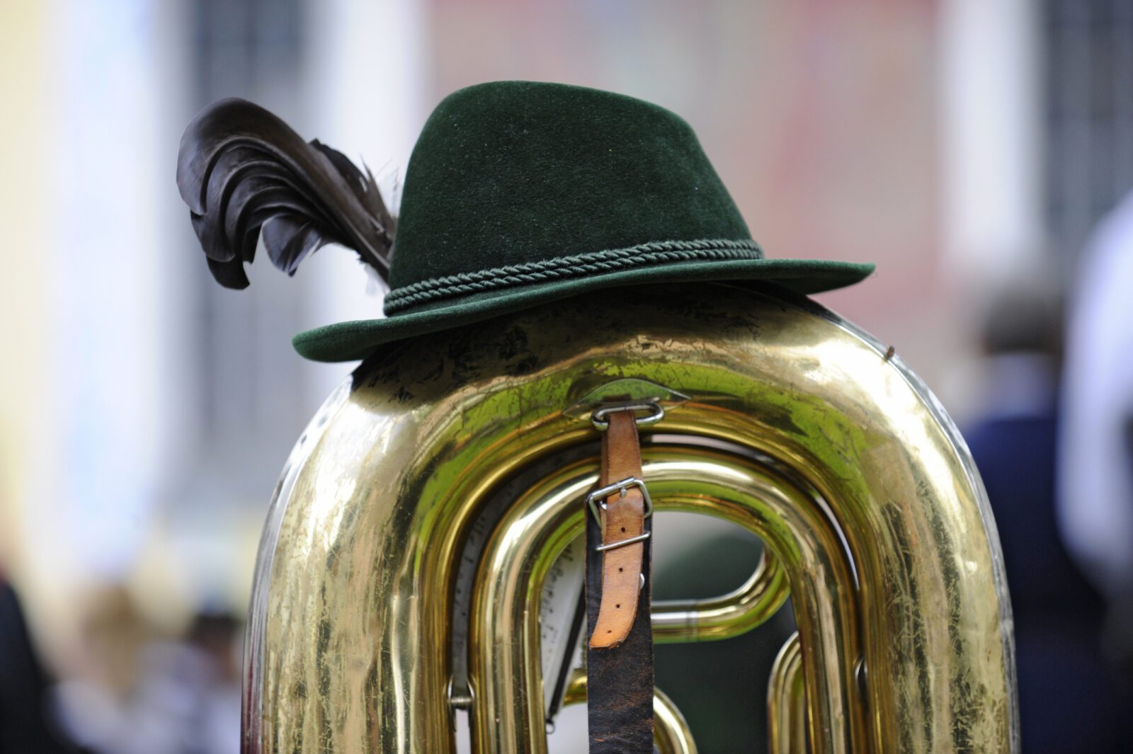 trumpet and hat of the member of bavarian brass band while Oktoberfest in Munich